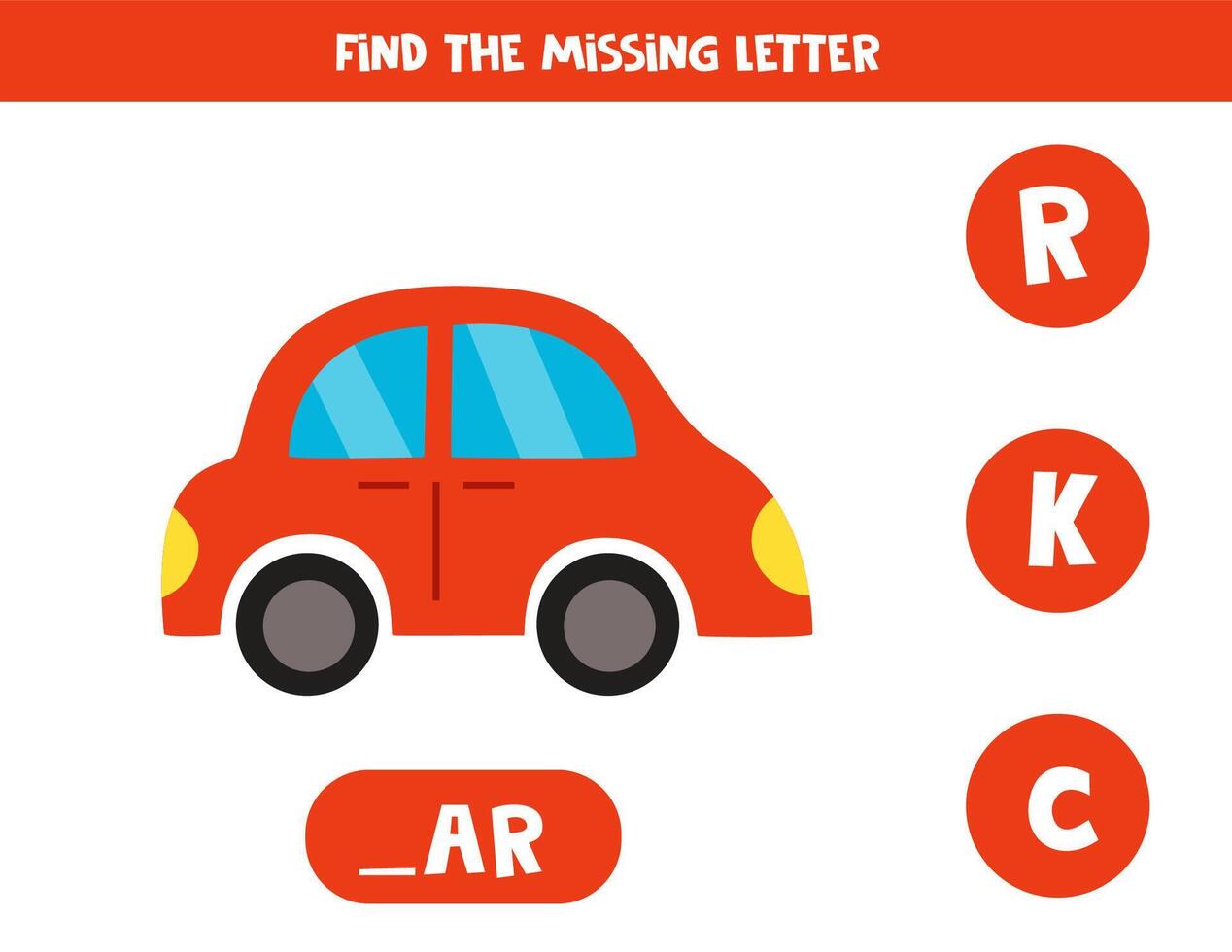 Find missing letter with cartoon toy red car. Spelling worksheet. vector