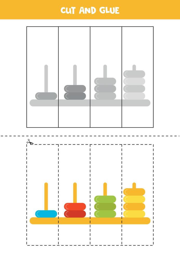 Cut and glue game for kids. Cute cartoon counting frame. vector