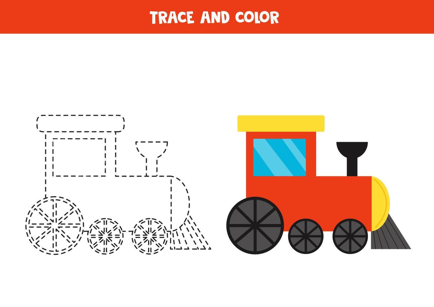 Trace and color cartoon toy train. Printable worksheet for children. vector