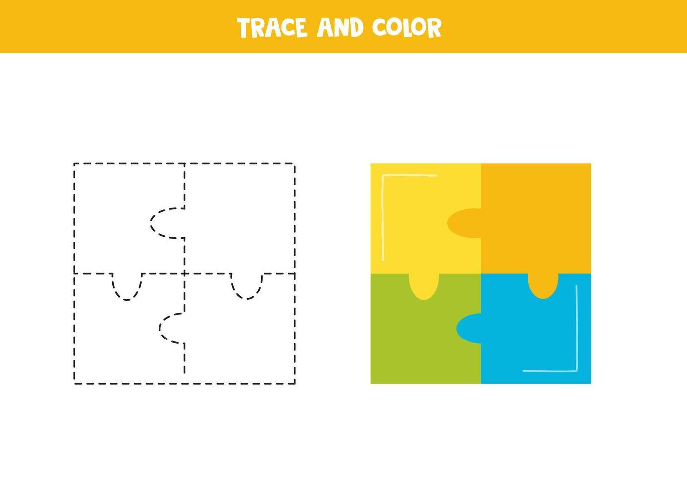 Trace and color cartoon colorful puzzle. Printable worksheet for children. vector