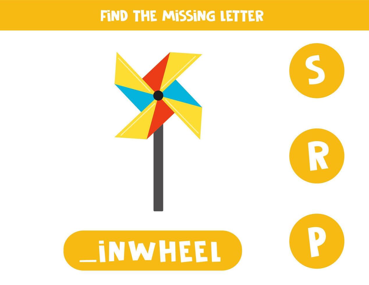 Find missing letter with cartoon pinwheel. Spelling worksheet. vector