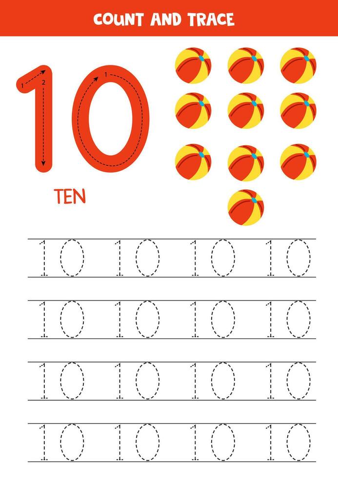 Numbers tracing practice. Writing number ten. Colorful balls. vector