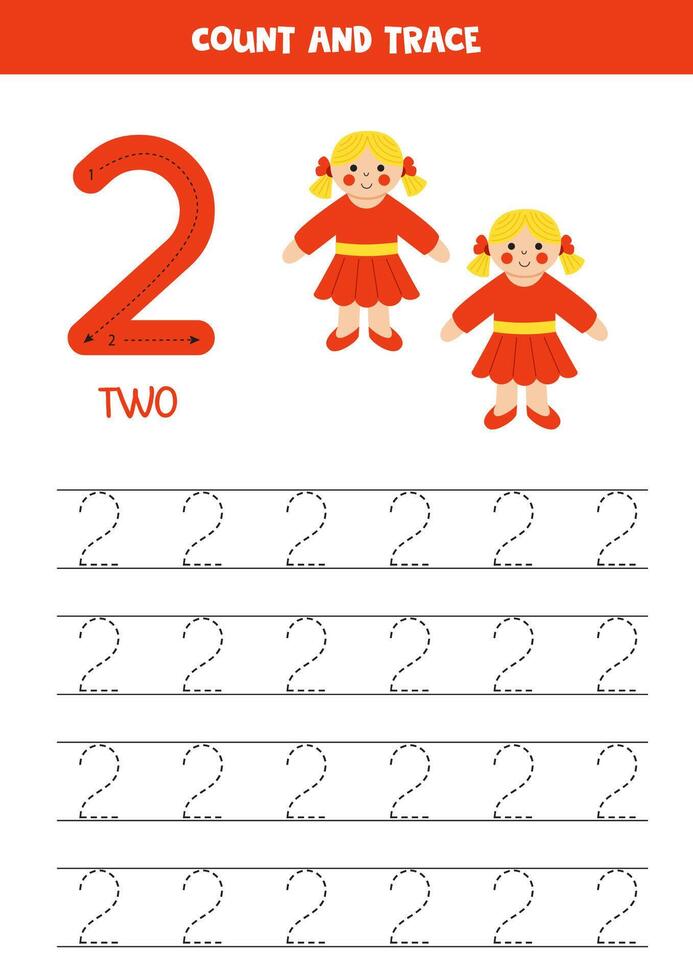 Numbers tracing practice. Writing number two. Cute dolls in red dress. vector