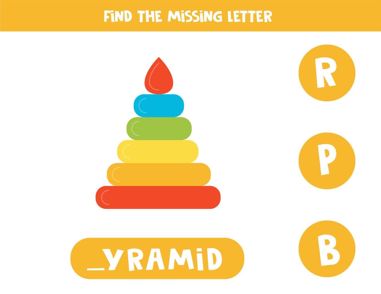 Find missing letter with cartoon kids pyramid. Spelling worksheet. vector