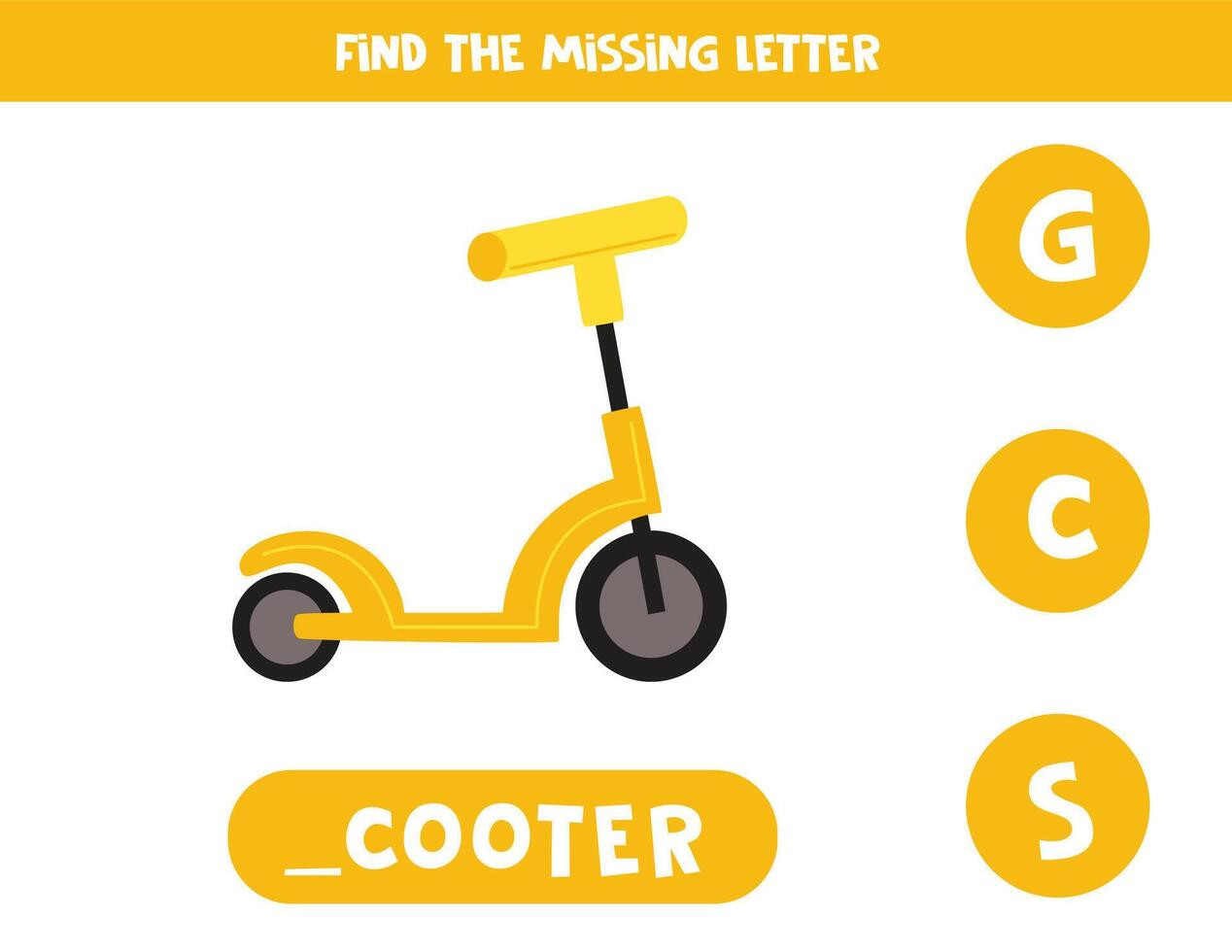 Find missing letter with cartoon scooter. Spelling worksheet. vector