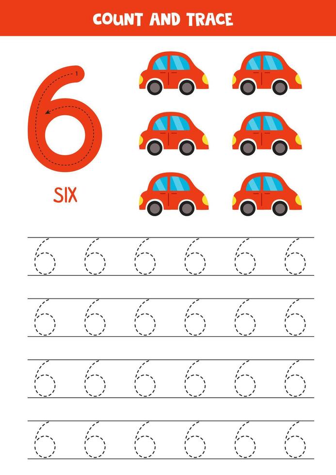 Numbers tracing practice. Writing number six. Red cars. vector