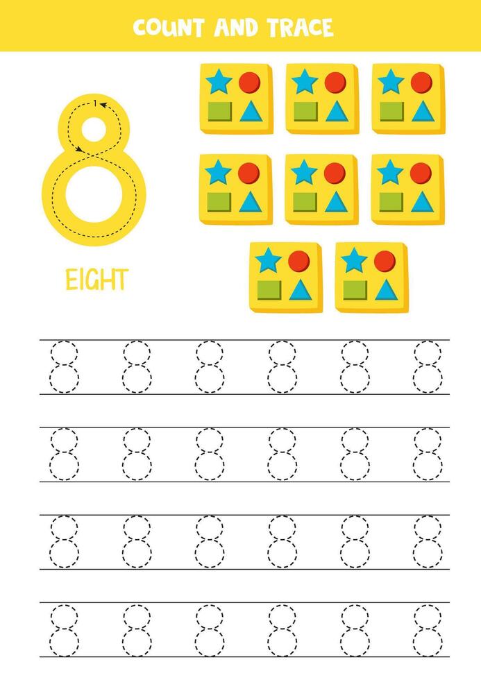 Numbers tracing practice. Writing number eight. Wood sorters. vector