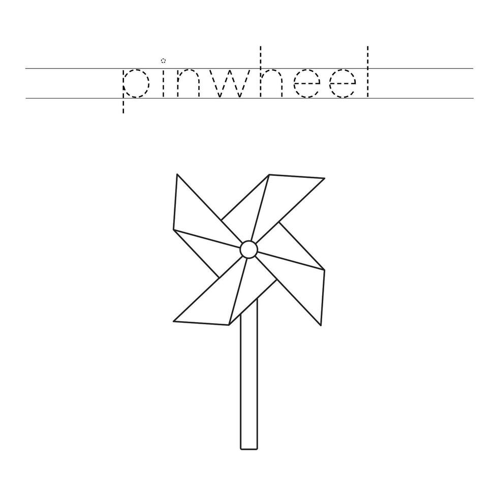 Trace the letters and color kids pinwheel. Handwriting practice for kids. vector