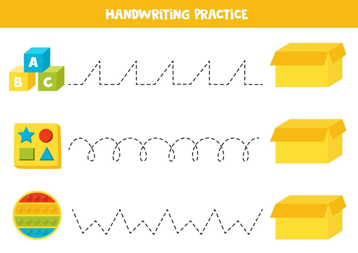 Tracing lines with cute cartoon toys and box. Writing practice. vector