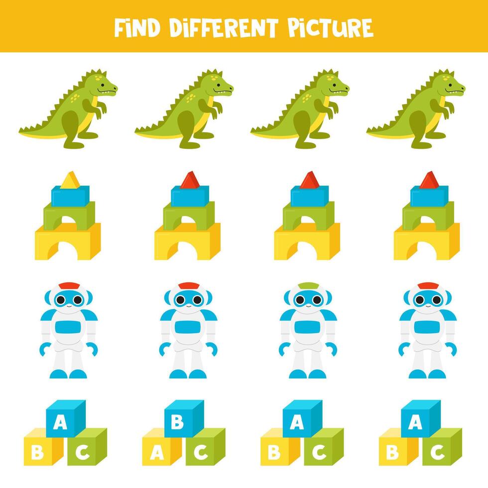 Find different cartoon cute toy in each row. Logical game for preschool kids. vector