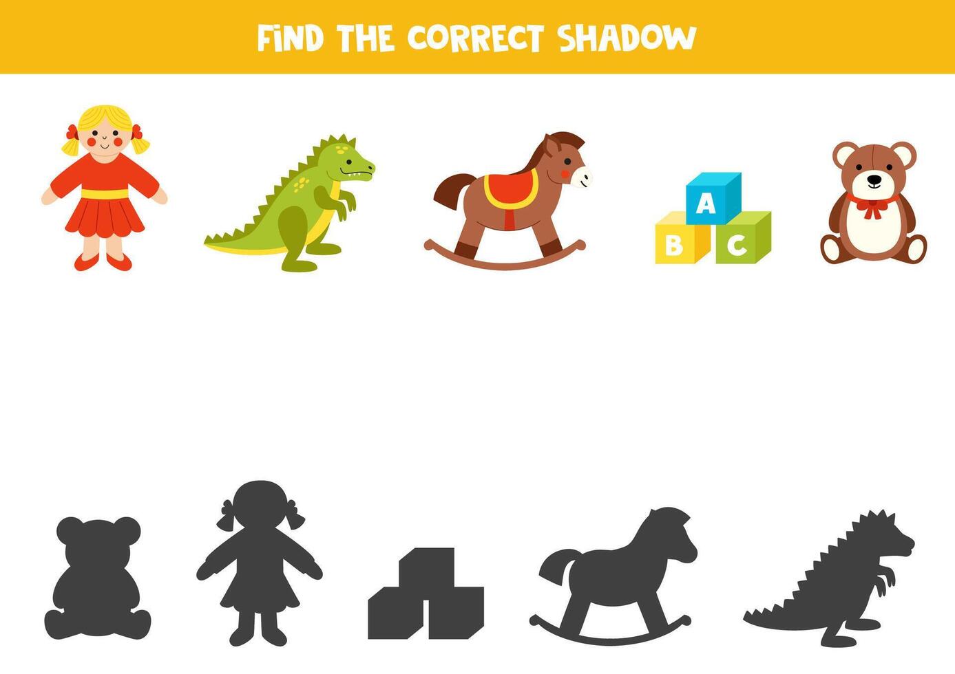 Find shadows of cute cartoon toys. Educational logical game for kids. vector