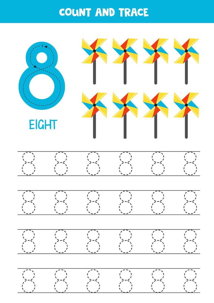 Numbers tracing practice. Writing number eight. Colorful pinwheels. vector