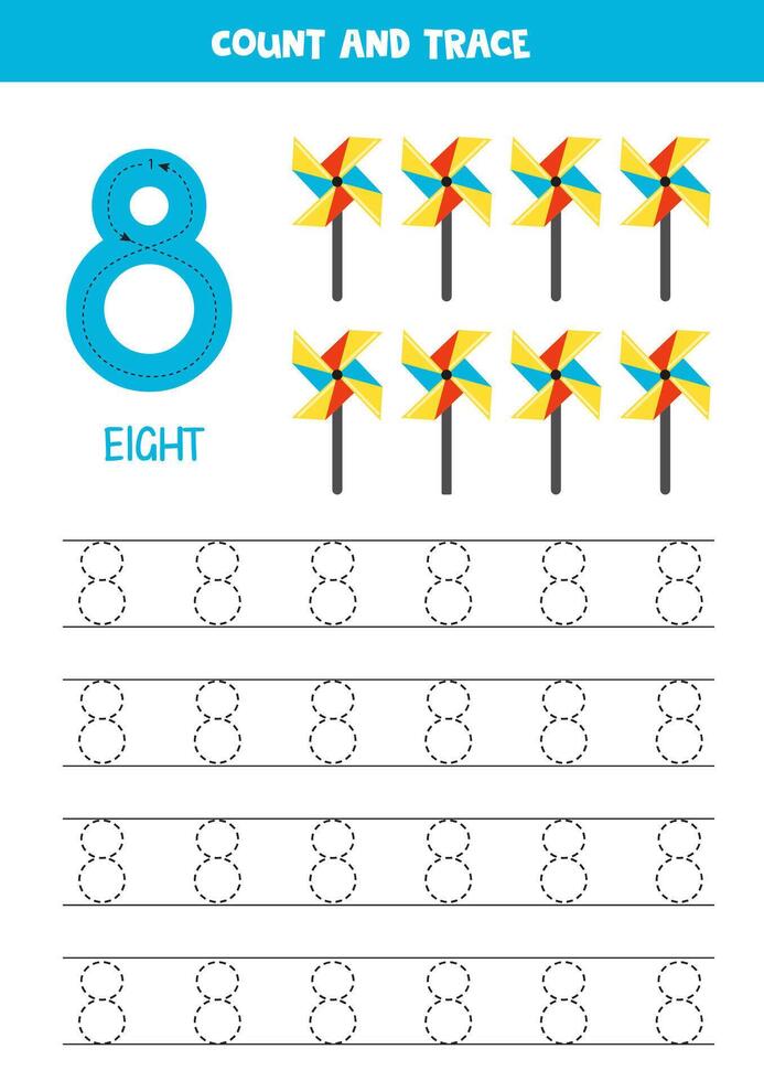 números rastreo práctica. escritura número ocho. vistoso molinetes vector