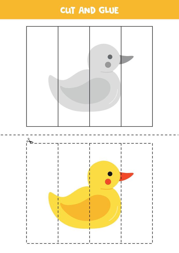 cortar y pegamento juego para niños. linda dibujos animados amarillo caucho pato. vector