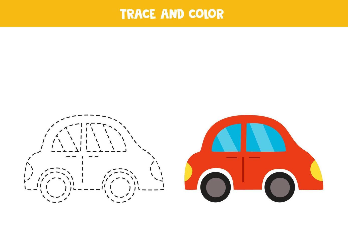 Trace and color cute cartoon red car. Worksheet for preschool kids. vector