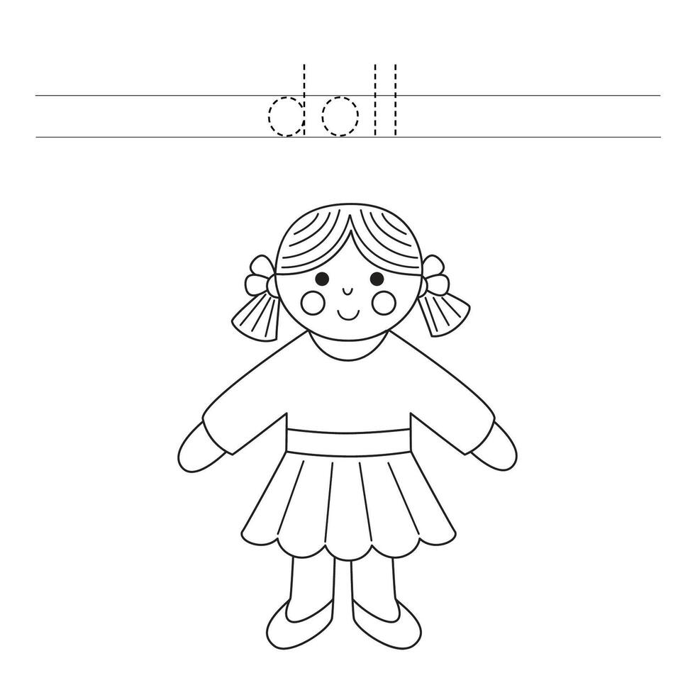 Trace the letters and color cartoon toy doll. Handwriting practice for kids. vector