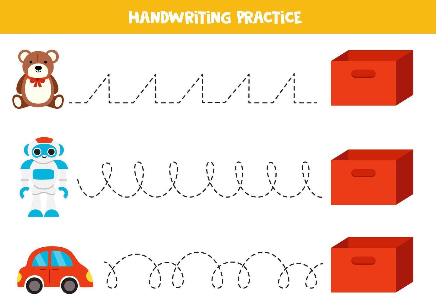 Tracing lines with cute cartoon toys and box. Writing practice. vector