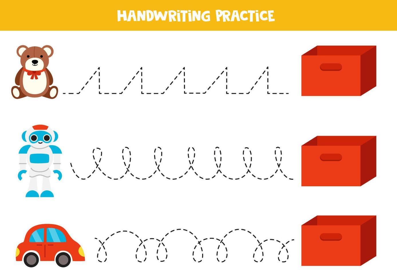 rastreo líneas con linda dibujos animados juguetes y caja. escritura práctica. vector