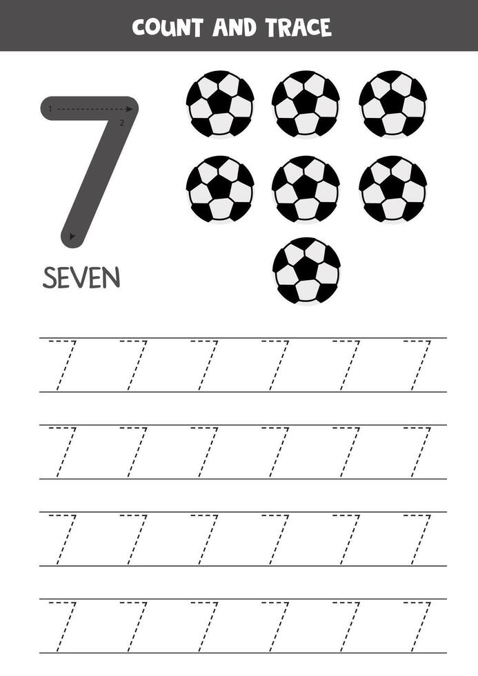 Numbers tracing practice. Writing number seven. Football balls. vector