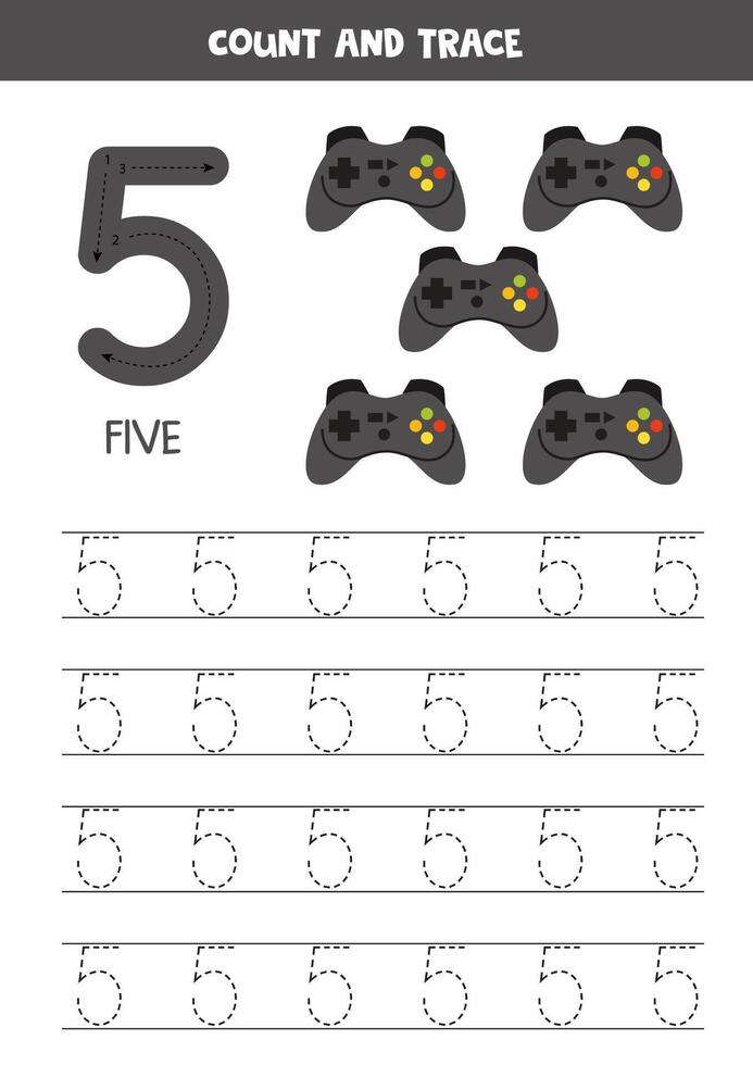 Numbers tracing practice. Writing number five. Cute cartoon joysticks. vector