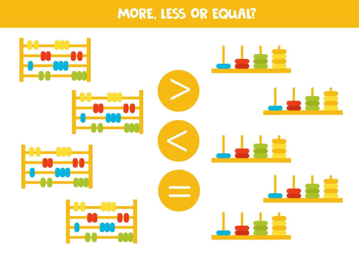 Grater, less or equal with cute cartoon abacuses. vector