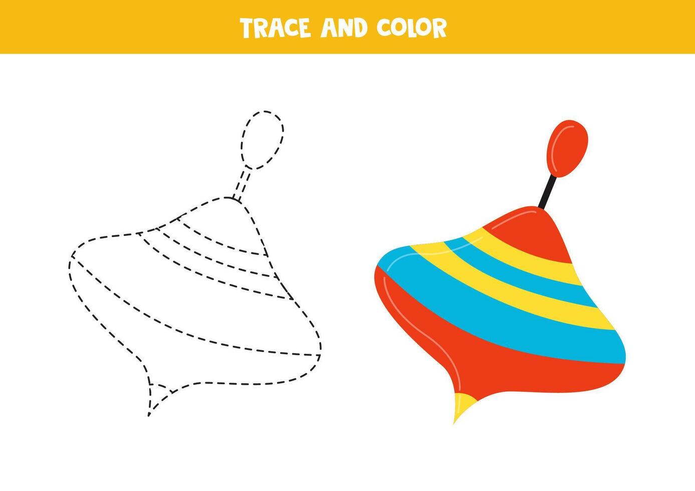 Trace and color cartoon spinning top. Printable worksheet for children. vector