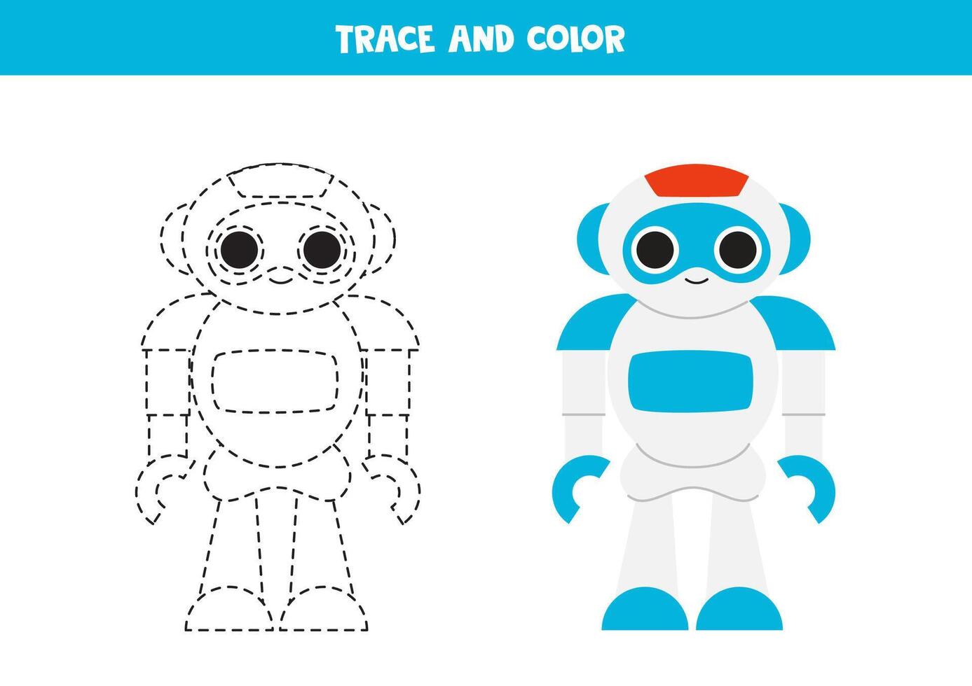 Trace and color cartoon robot. Printable worksheet for children. vector