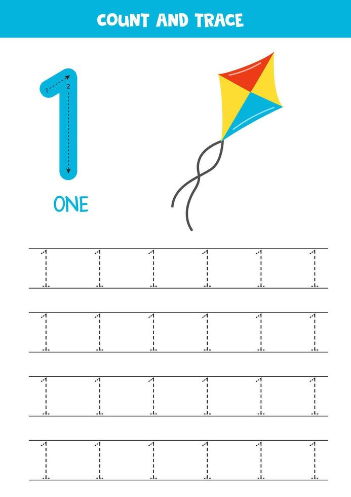 Trace numbers. Number 1 one. Cute cartoon kite. vector