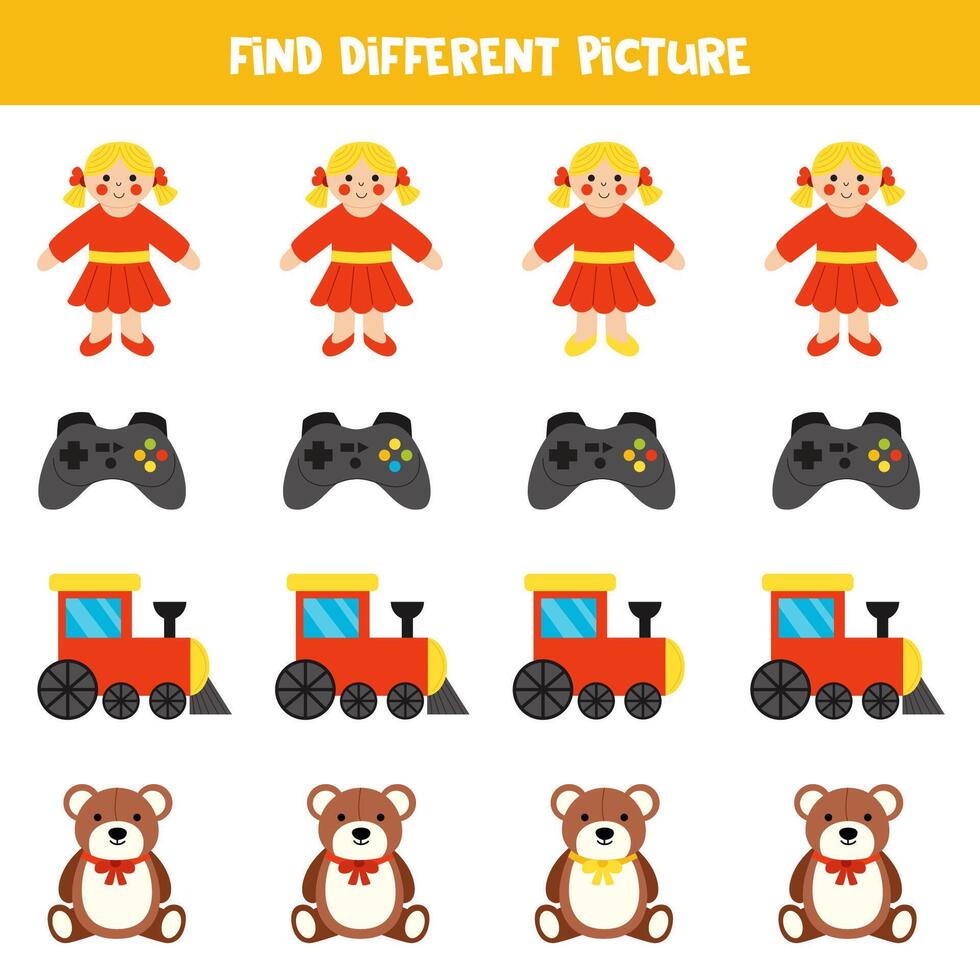 Find different cartoon cute toy in each row. Logical game for preschool kids. vector