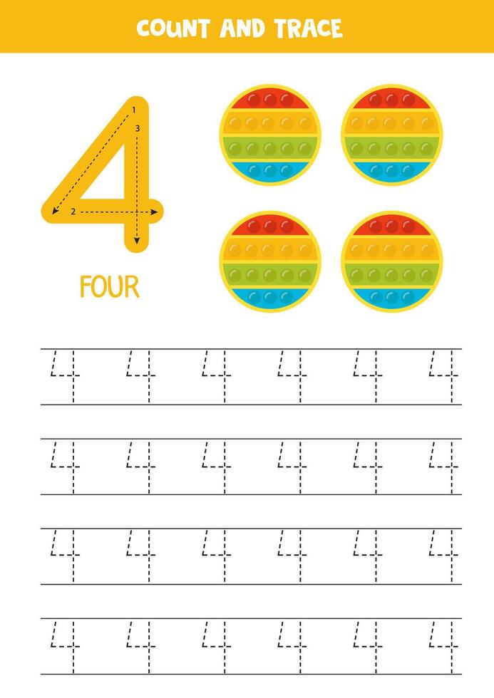 Numbers tracing practice. Writing number four. Cute cartoon pop its. vector