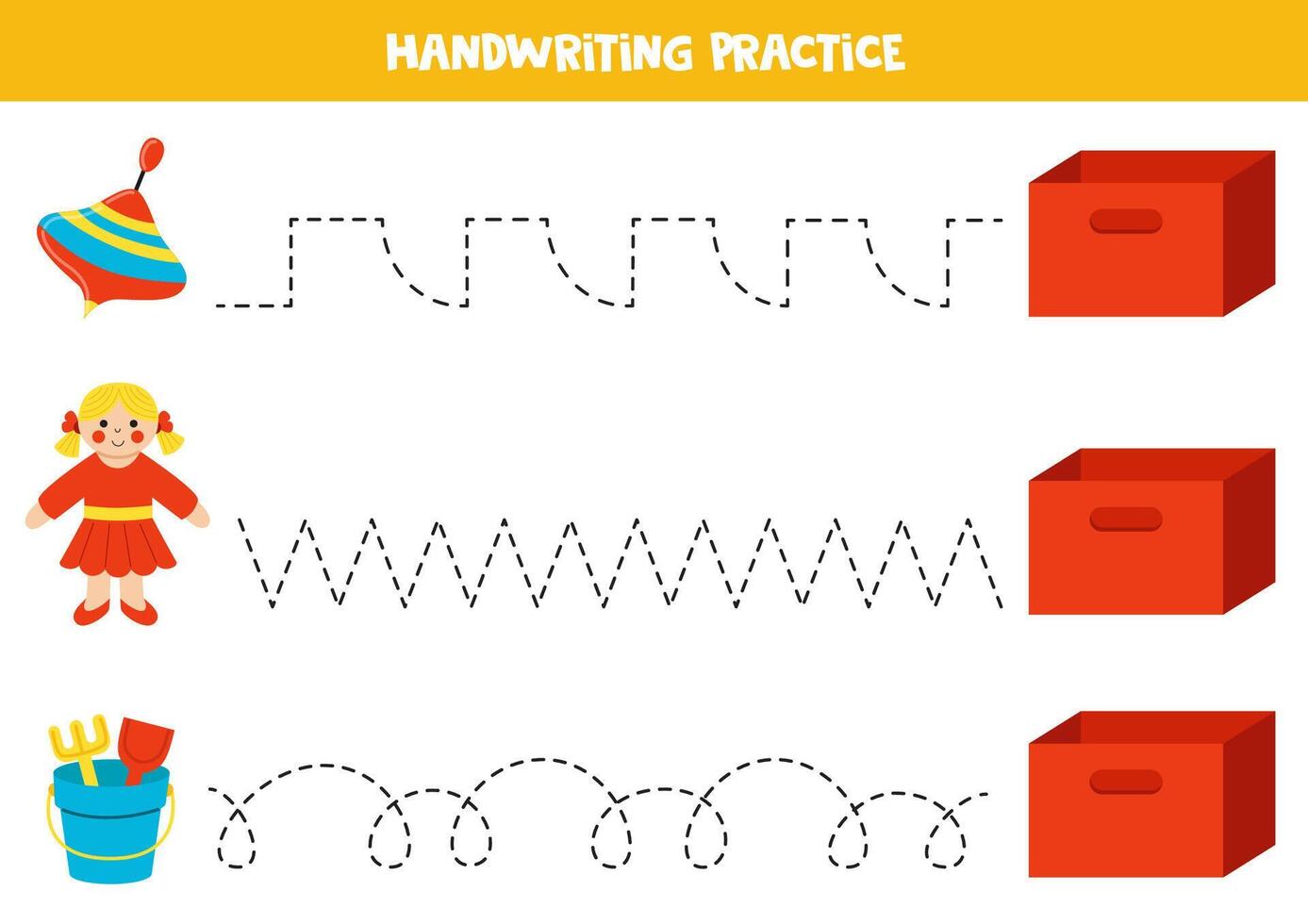 Tracing lines with cute cartoon toys and red box. Writing practice. vector