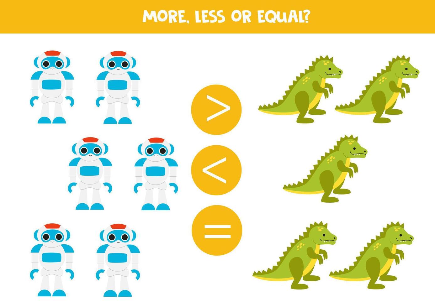 Grater, less or equal with cute cartoon robots and dinosaurs. vector