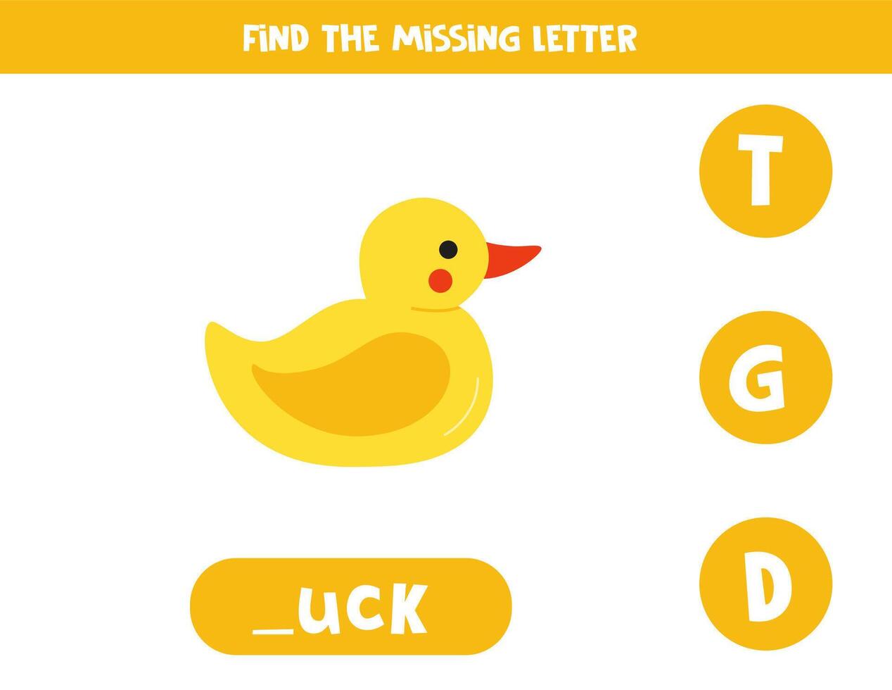 Find missing letter with cartoon yellow rubber duck. Spelling worksheet. vector