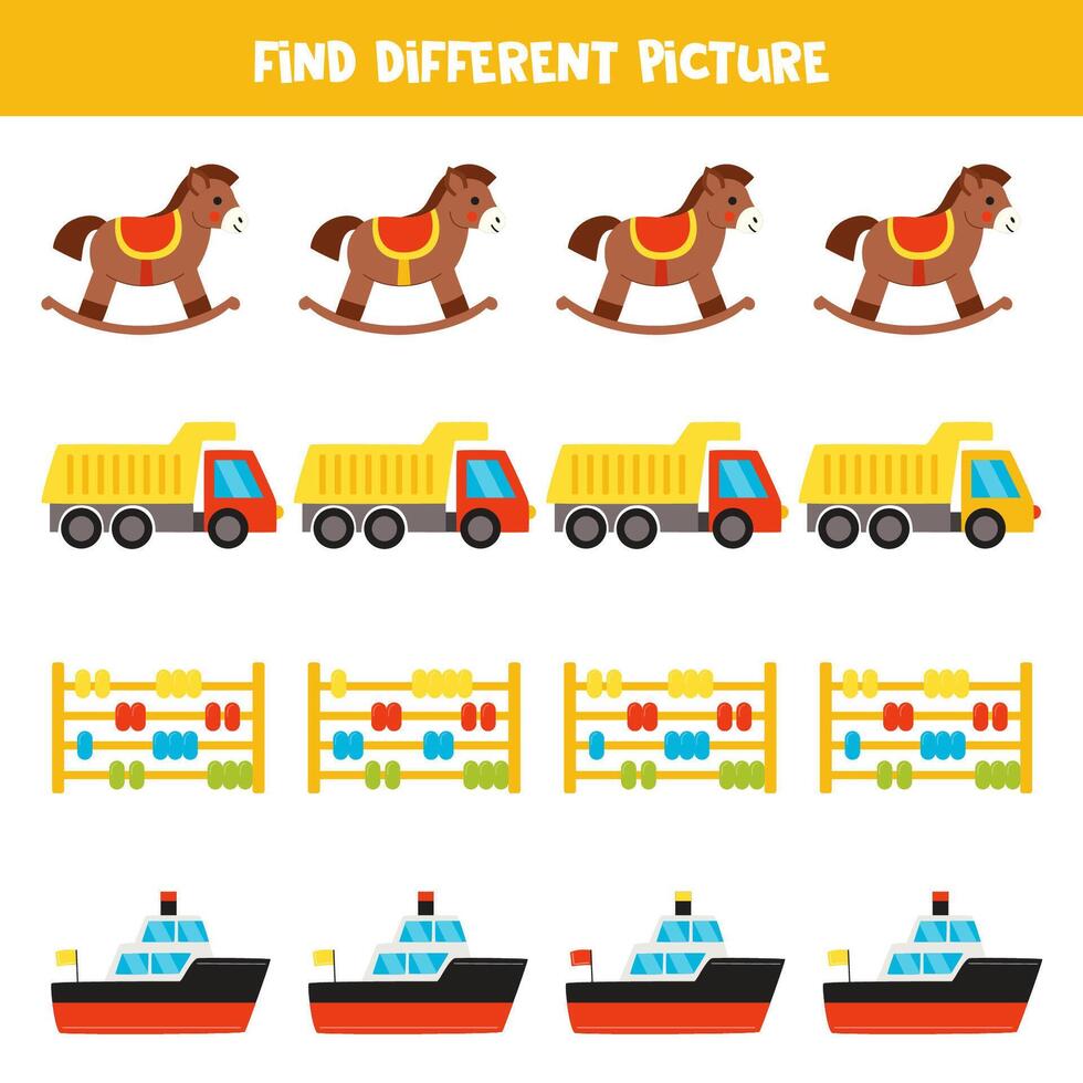 Find different cartoon cute toy in each row. Logical game for preschool kids. vector
