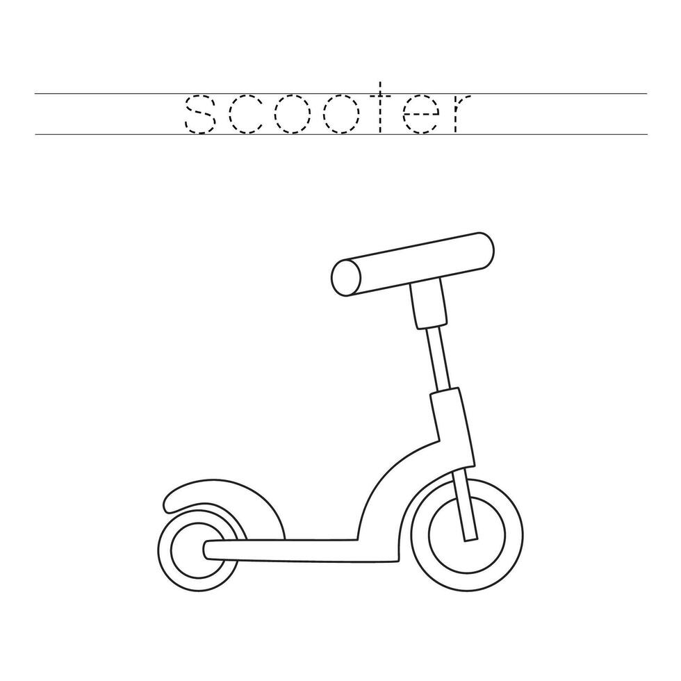 rastro el letras y color niños scooter. escritura práctica para niños. vector