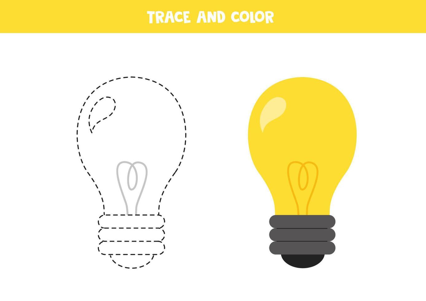 Trace and color cartoon light bulb. Printable worksheet for children. vector