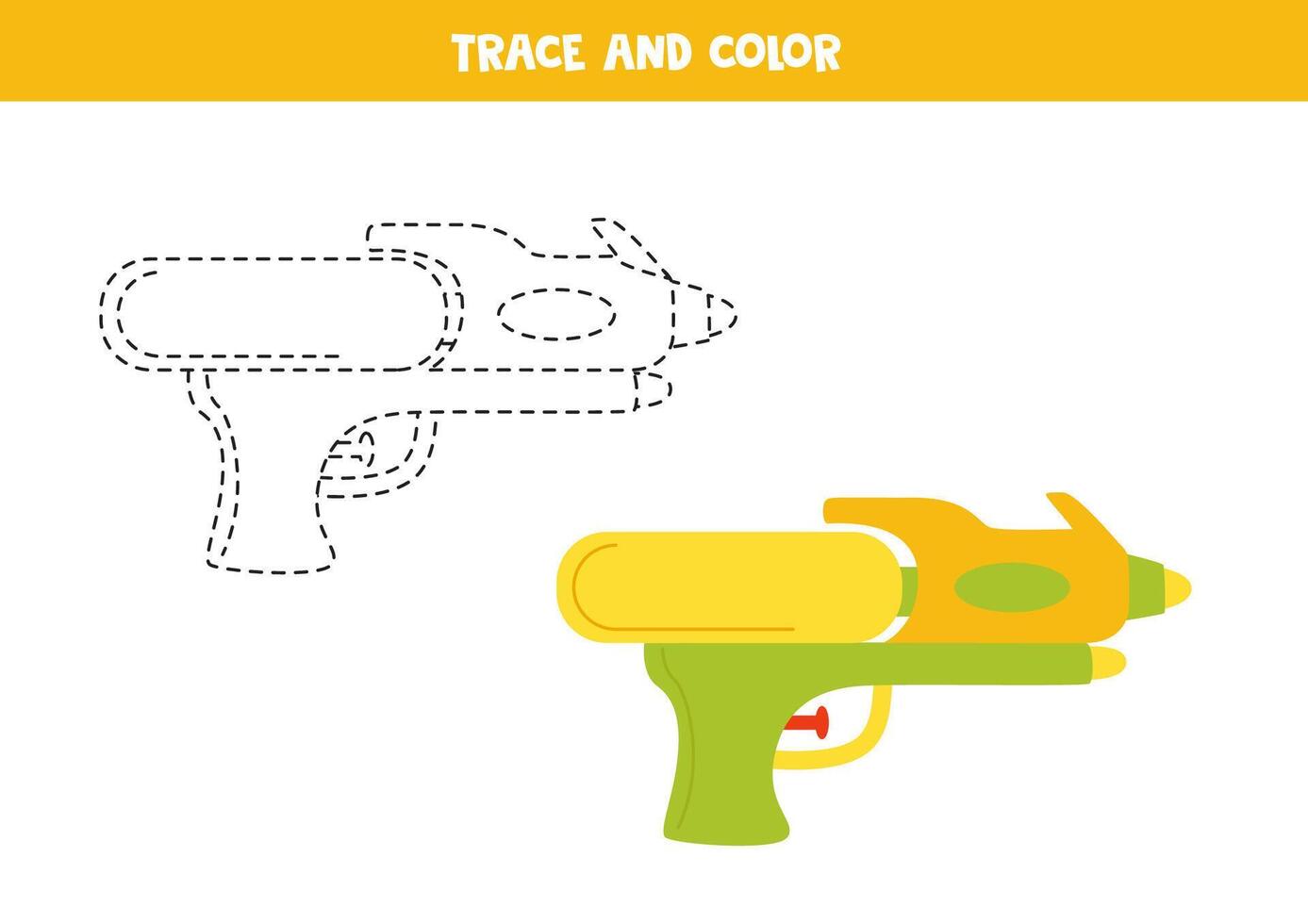 rastro y color dibujos animados agua pistola. imprimible hoja de cálculo para niños. vector