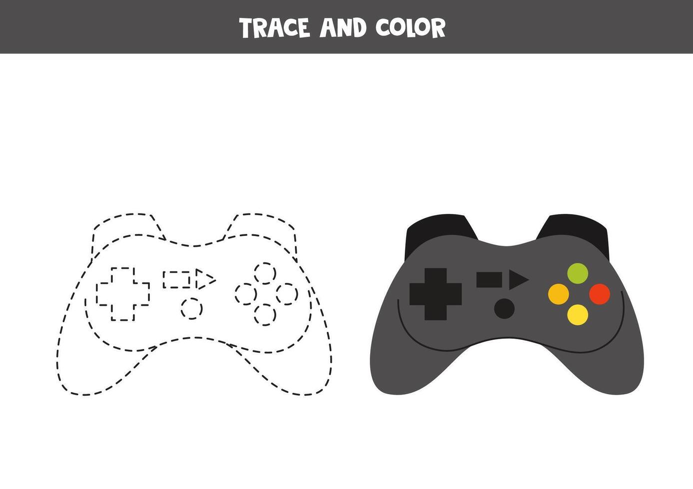 Trace and color cartoon joy stick. Printable worksheet for children. vector