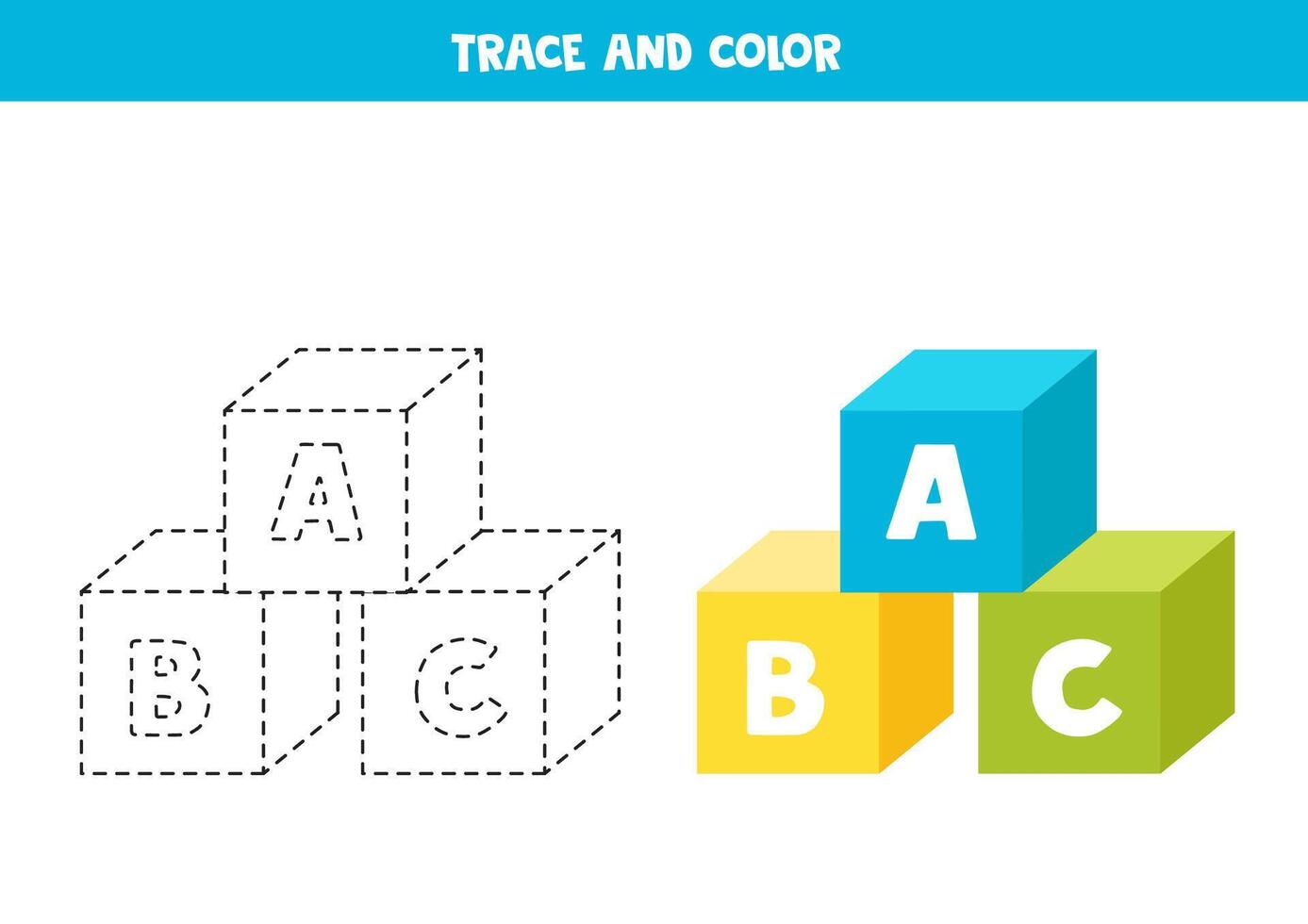 Trace and color cartoon colorful toy blocks. Printable worksheet for children. vector