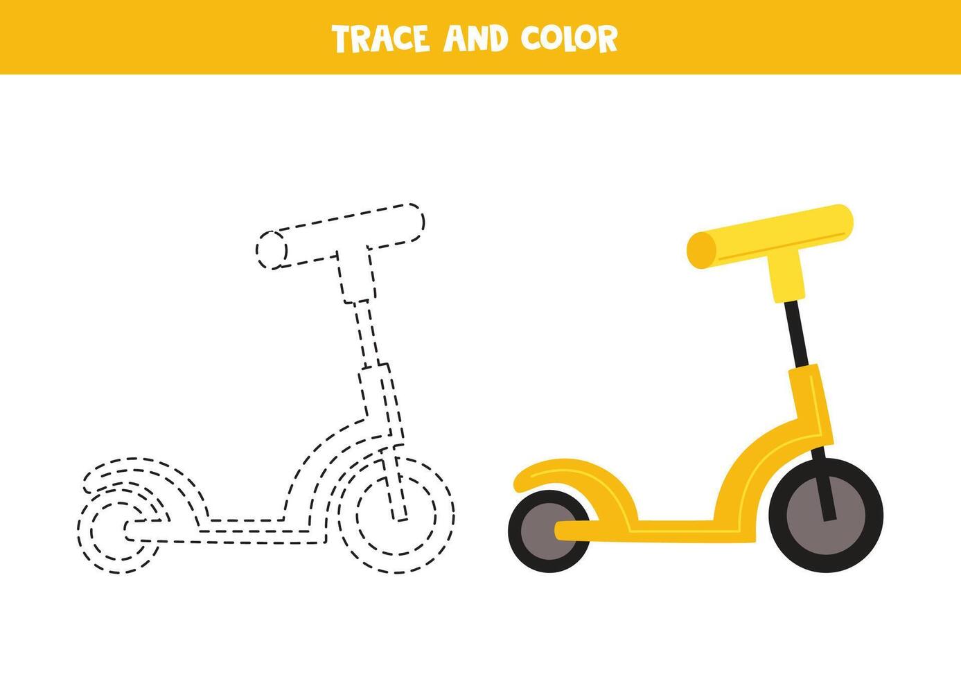 Trace and color cartoon kid scooter. Printable worksheet for children. vector