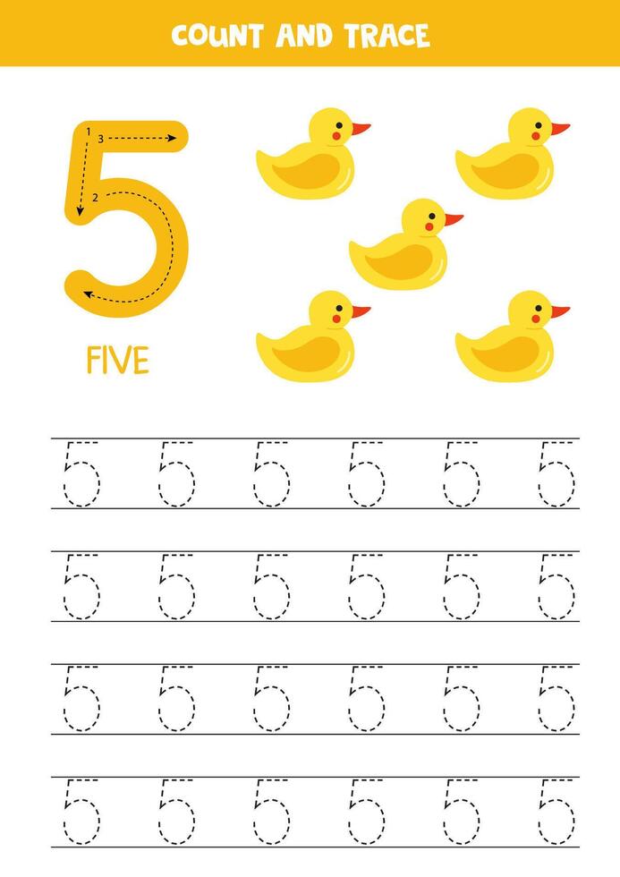 Numbers tracing practice. Writing number five. Cute yellow rubber ducks. vector