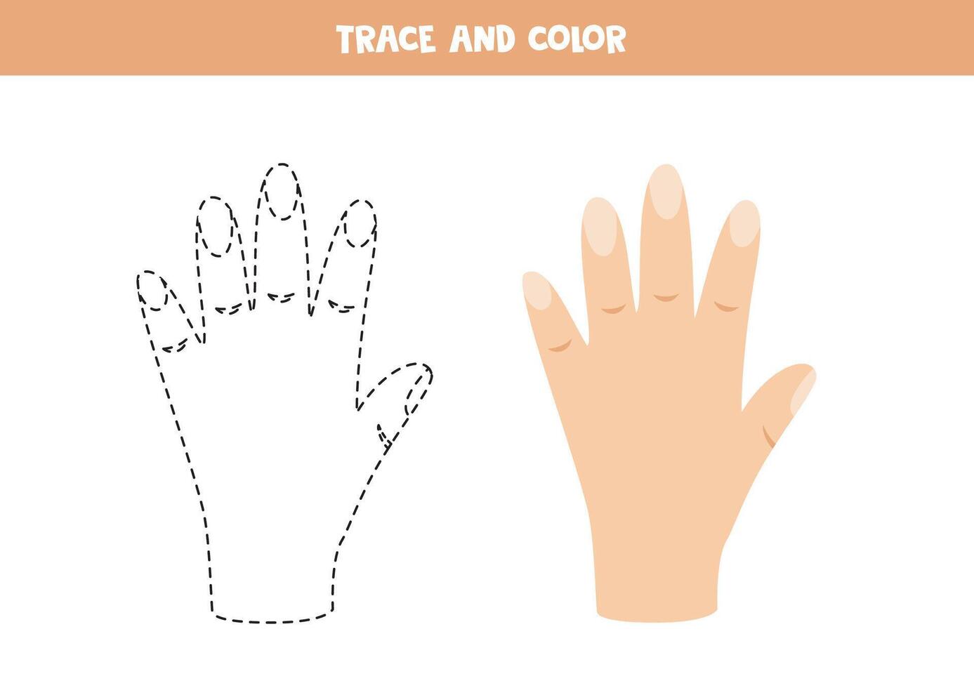 Trace and color cartoon human hand. Printable worksheet for children