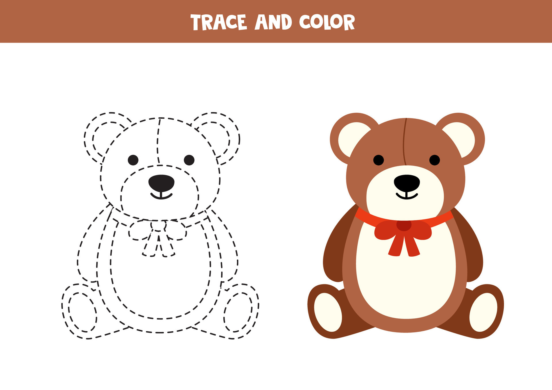 Trace and color cartoon teddy bear. Printable worksheet for children
