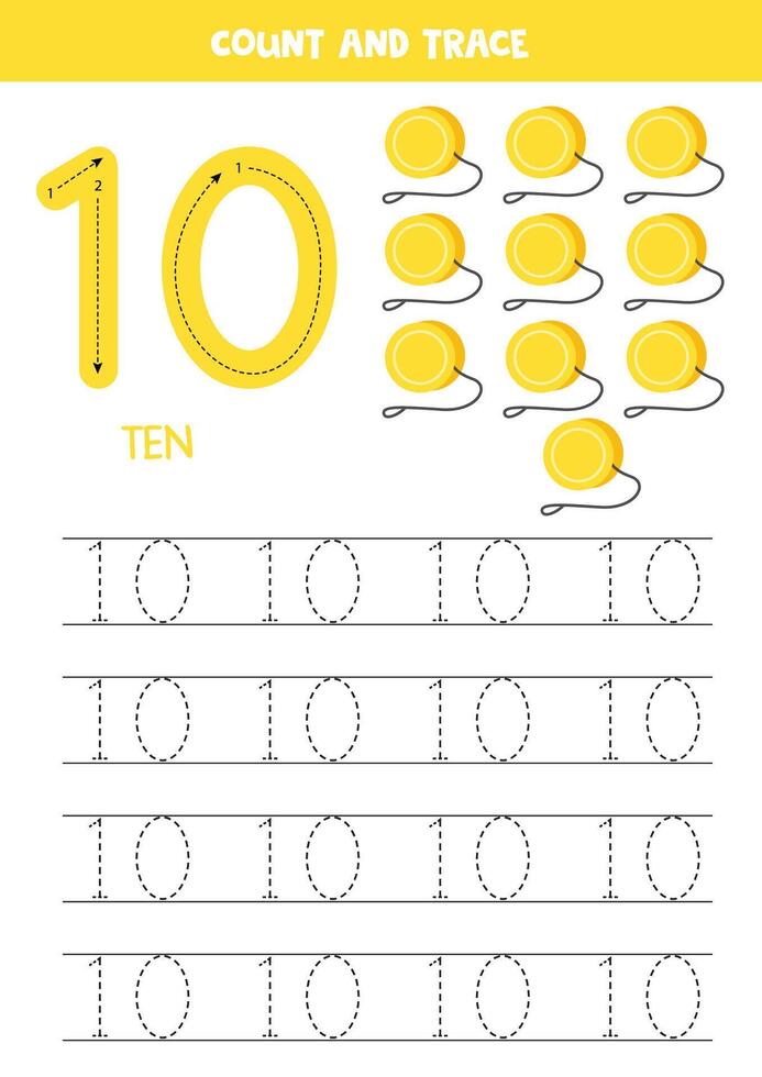 Numbers tracing practice. Writing number ten. Yellow yo yos. vector