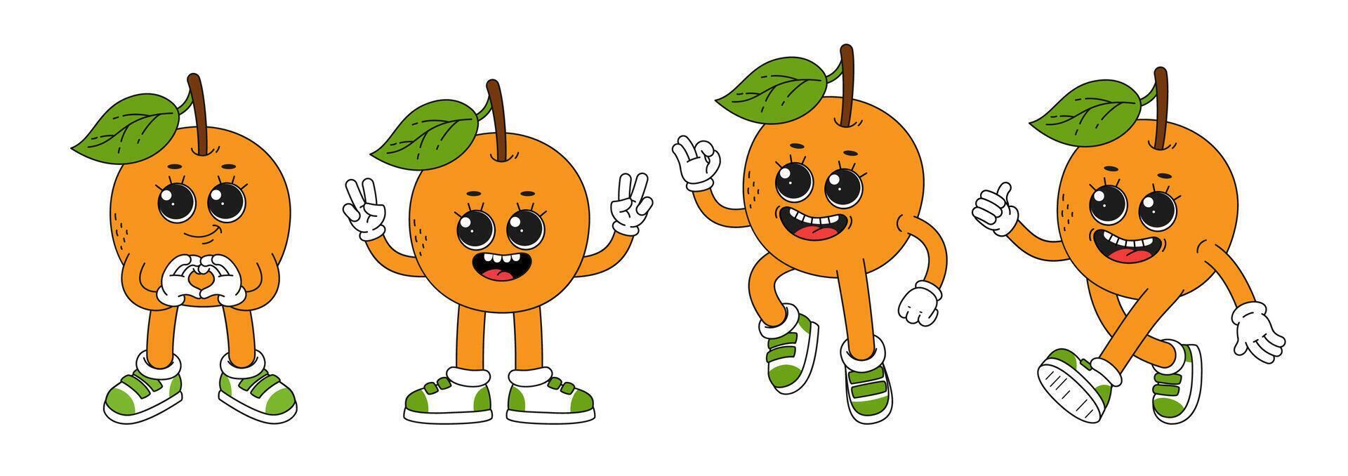 Cute cartoon orange character in different poses. Comic illustration of fresh summer fruit. vector