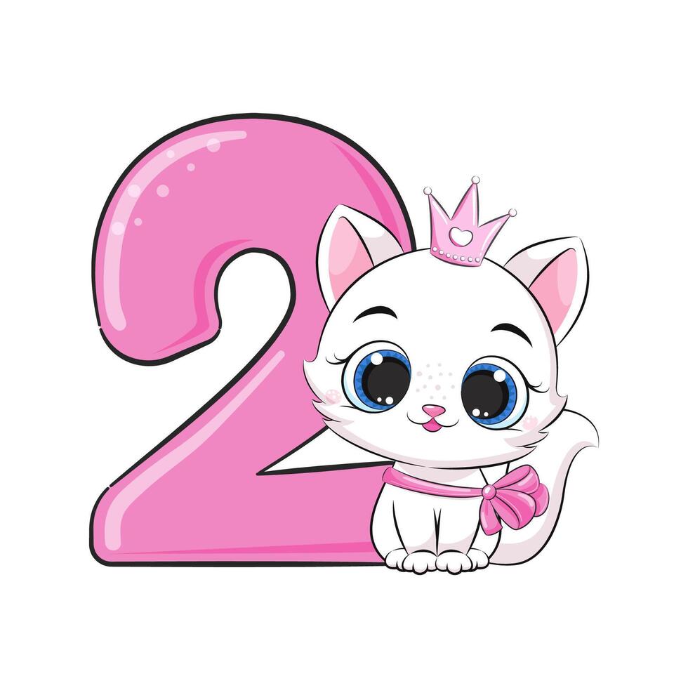 HAPPY birthday card for second birthday with kitten. vector