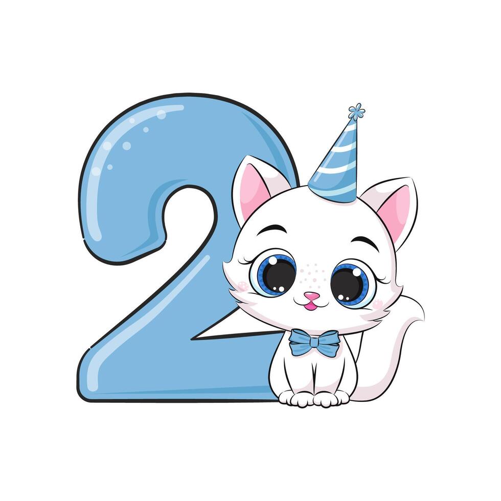 HAPPY birthday card for second birthday with kitten. illustration. vector