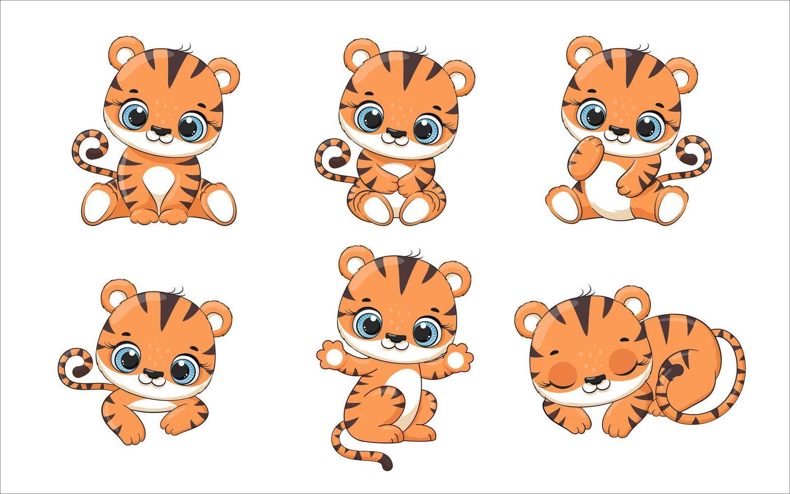Set of cute baby tiger in different poses. vector
