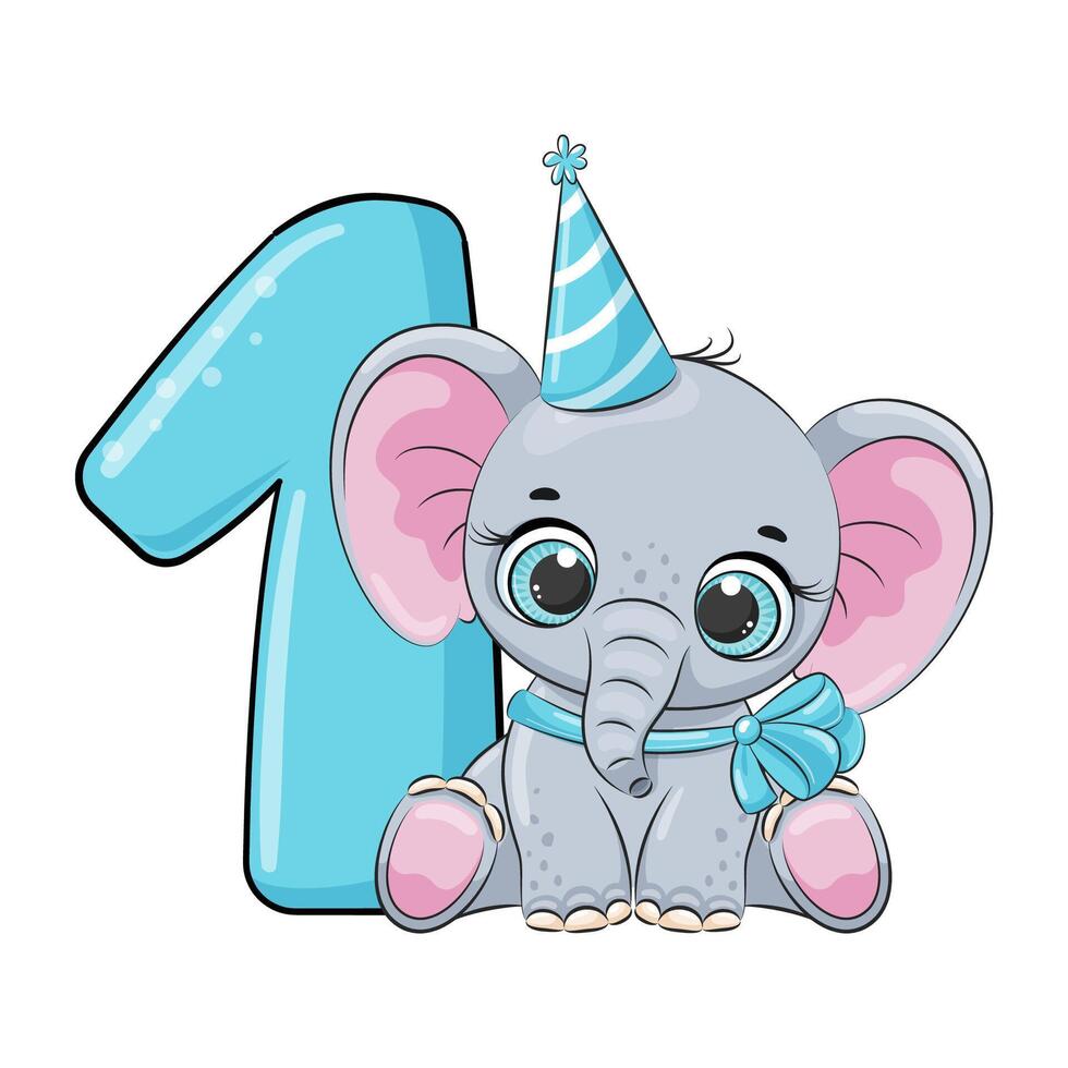 HAPPY birthday card for first birthday with elephant. illustration. vector