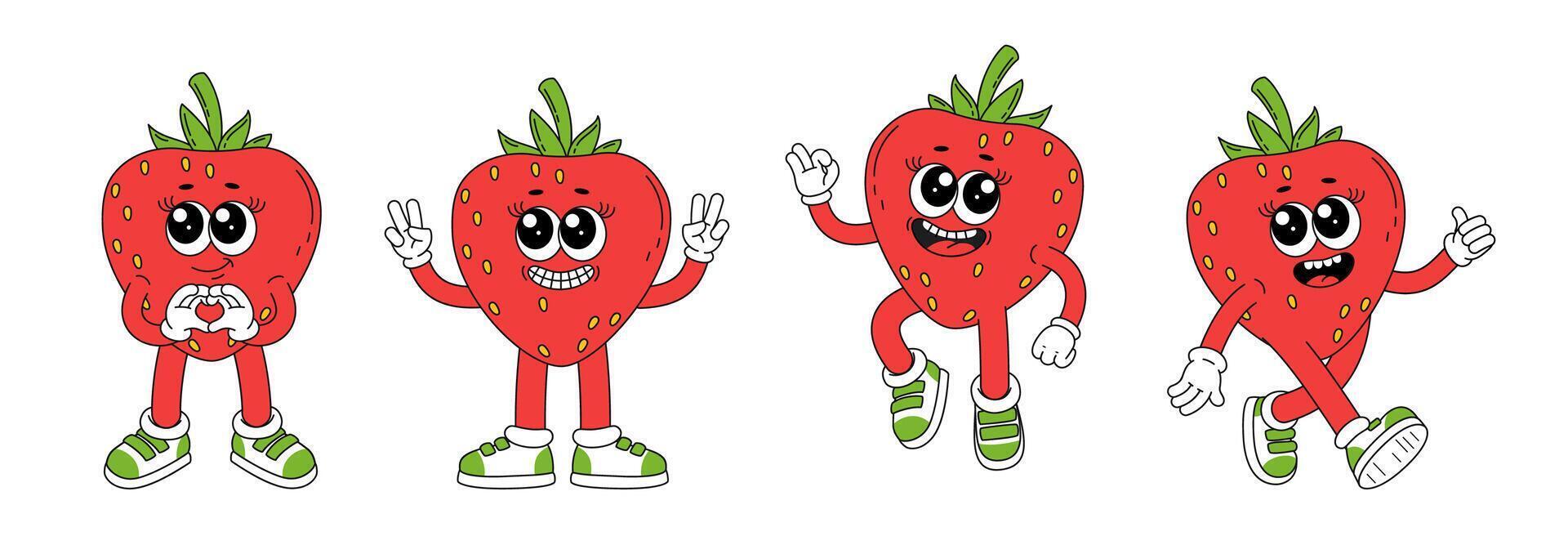 Cute cartoon strawberry character in different poses. Comic illustration of fresh summer fruit. vector